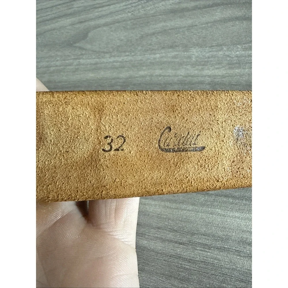 Vintage Cardat Leather Engraved Belt W Pioneer Buckle Unisex Sz 32 Made In USA